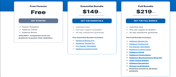 Pricing tiers for Kadence Theme